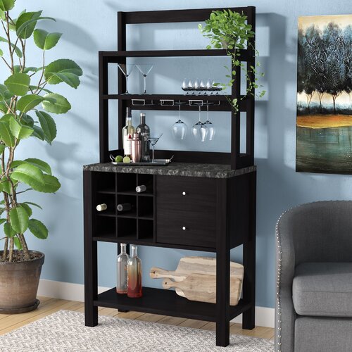 a dark brown wooden bar stand with wine storage