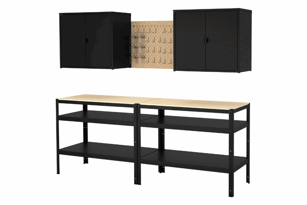 a black and wooden storage unit with cabinets and shelving