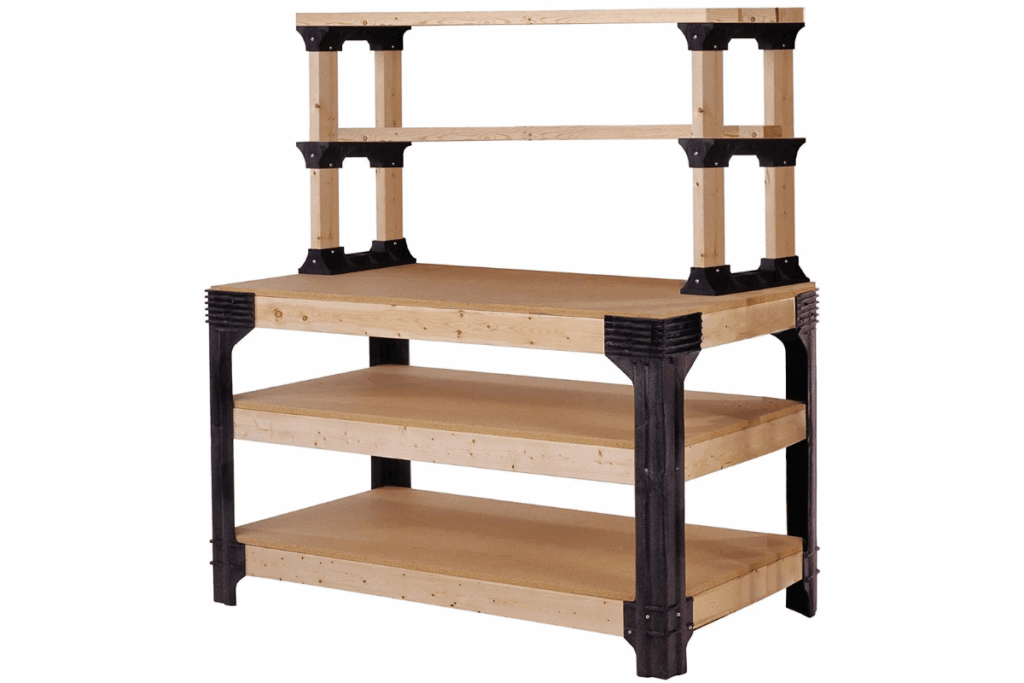 A wood and black storage work bench
