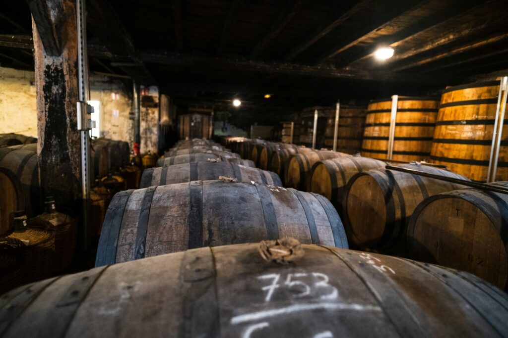Unmarked barrels sit in a cellar, presumably a root cellar. The wooden ceiling has some lighting, but not much.