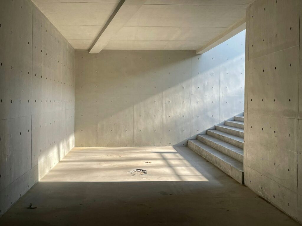 An empty root cellar with bare concrete walls sits at the bottom of concrete stairs. The sun shines from where they lead to.
