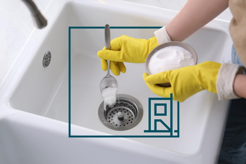person wearing yellow gloves putting baking soda down a sink drain