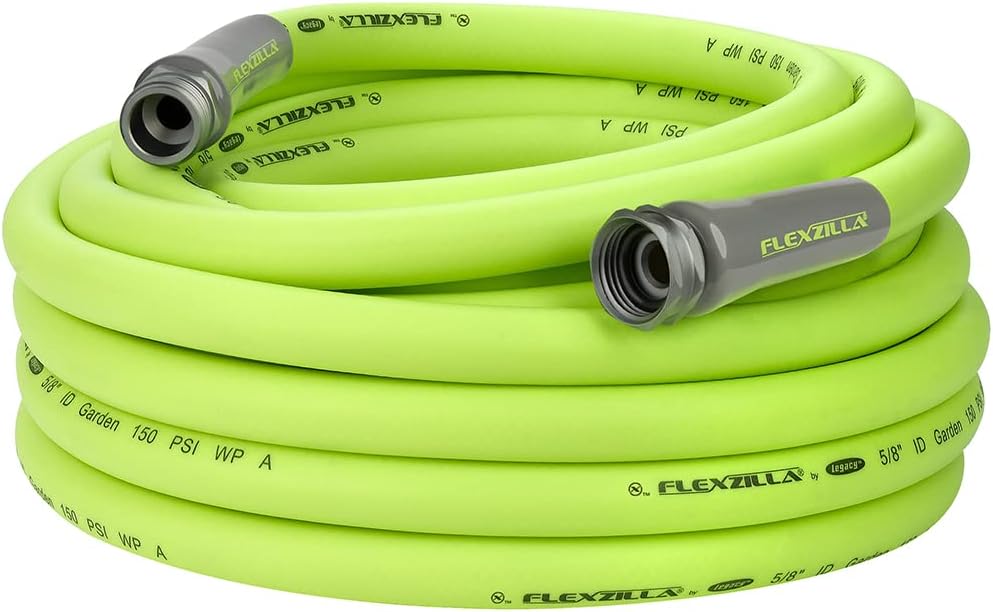A neon green hose sits curled up on itself against a white background.