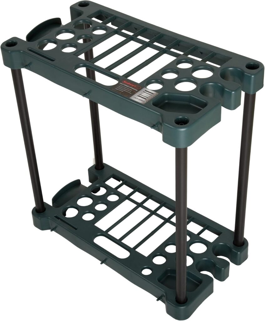 A two-tiered garden tool rack sits against a white background. It's dark green and has different slots and holes to organize garden tools.