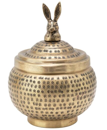Store spring treats in this hammered metal bowl with beautiful rabbit detail.