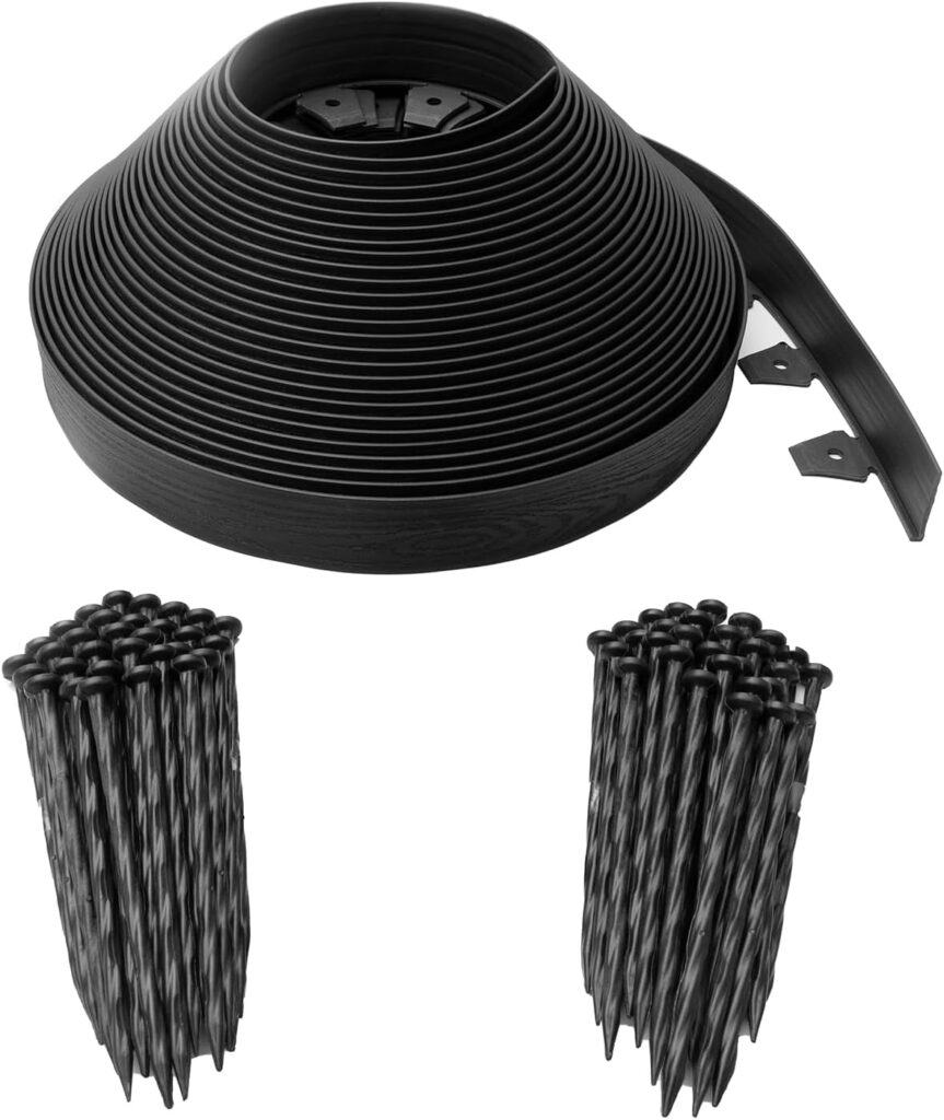No-dig landscaping liner and two packs of plastic spikes sit against a white background.