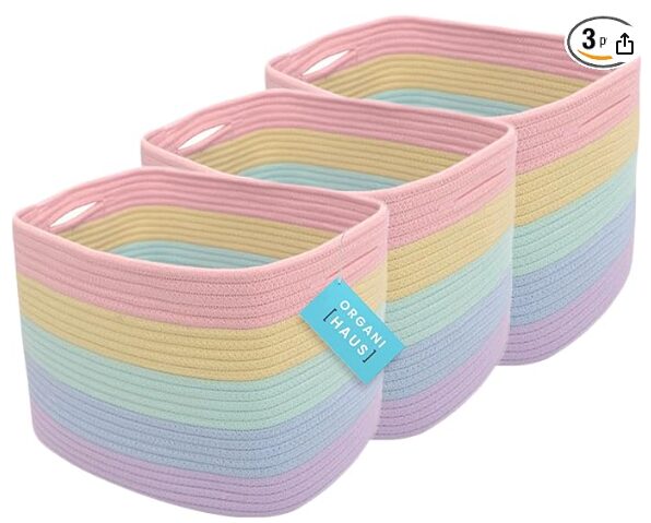 Pastel rainbows are very spring and these cotton rope baskets are practical.