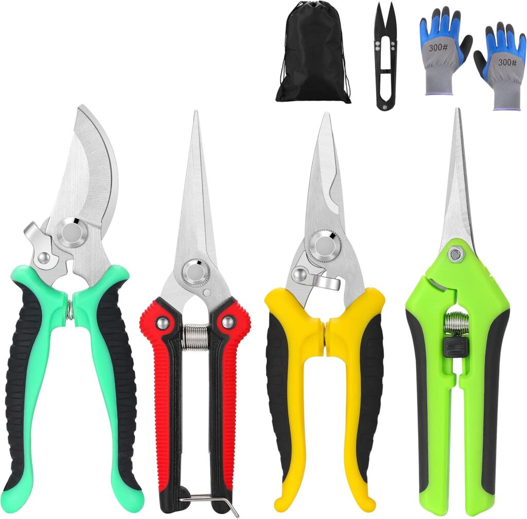 Four gardening sheers of different styles sit against a white background. Each is a different color: neon mint, red, yellow and green. Blue gloves, clippers and a storage bag are smaller just above them as part of the set.