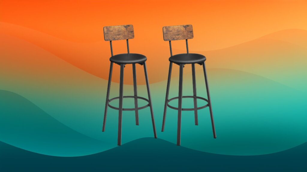 black and wooden best bar stools in front of orange and teal gradient background