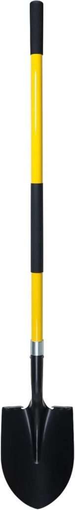 A yellow and black shovel with a rounded tip sits against a white background.