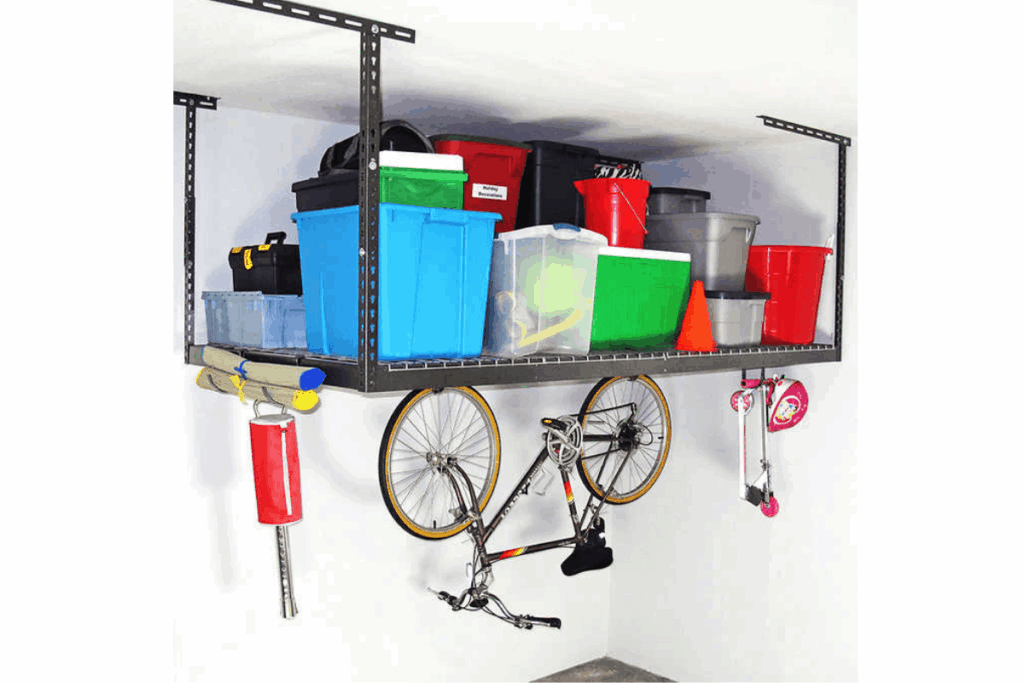 black hanging overhead storage unit for garage shelving idea