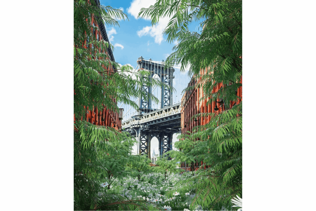 a colorful bridge photo with greenery around it