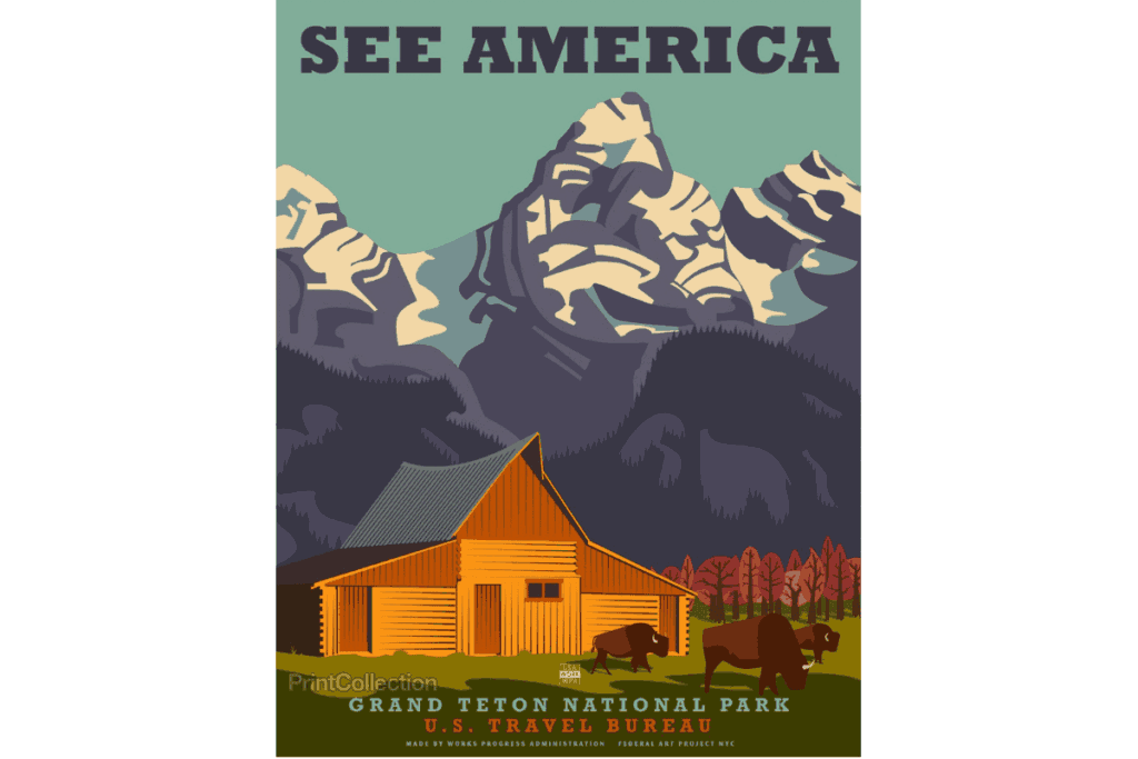 a retro drawn image of mountains with "see america" written on it