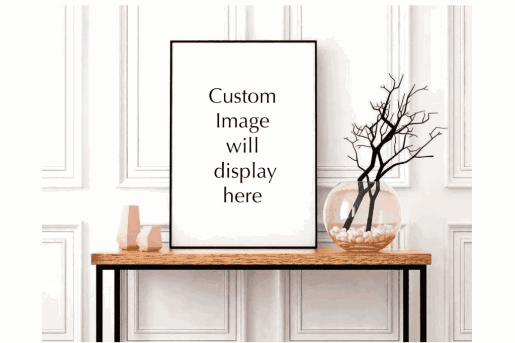 a black frame on a wooden stand with "custom image wall display here" on it