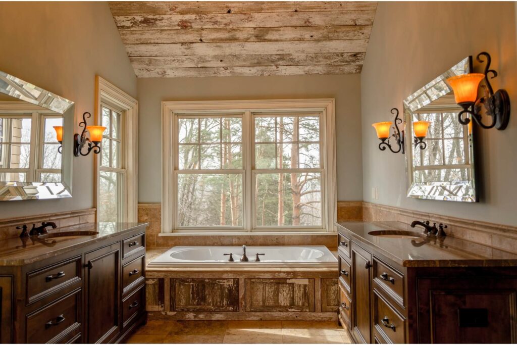 Double-hung windows in an upstairs bathroom