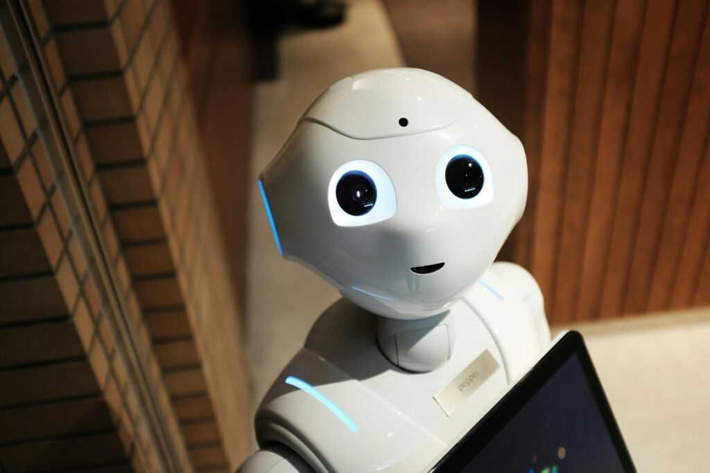 A semi-humanoid robot starting at the camera.