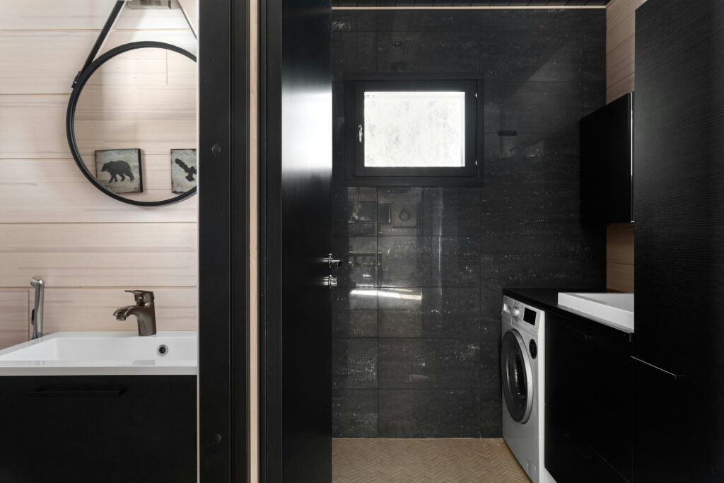 Bold gray bathroom.