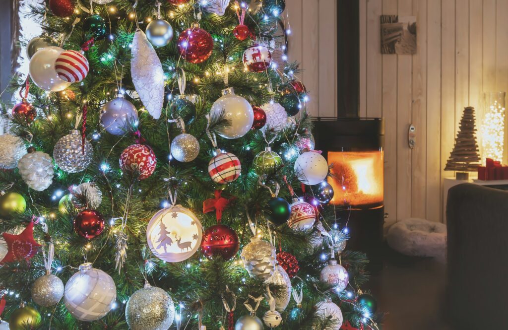 Red and White Ornaments on a Christmas Tree