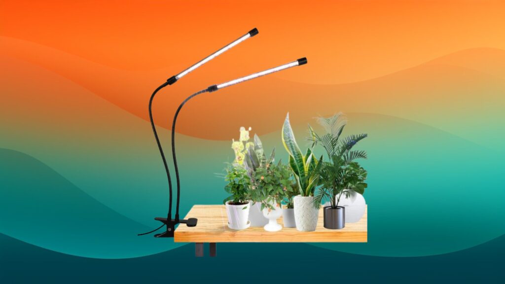 two prong black clamp artificial light for plants clamped on a table overtop several plants in front of an orange and teal gradient background
