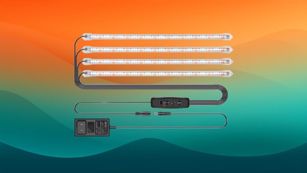 four prong artificial light for plants in front of an orange and teal gradient background