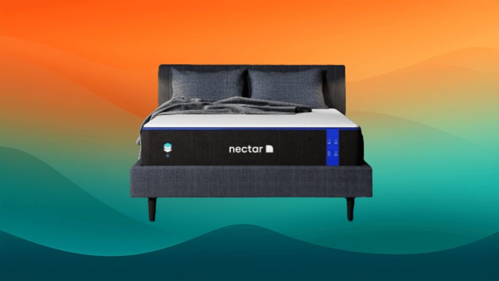 black and white best affordable mattress on a gray bed frame in front of an orange and teal background