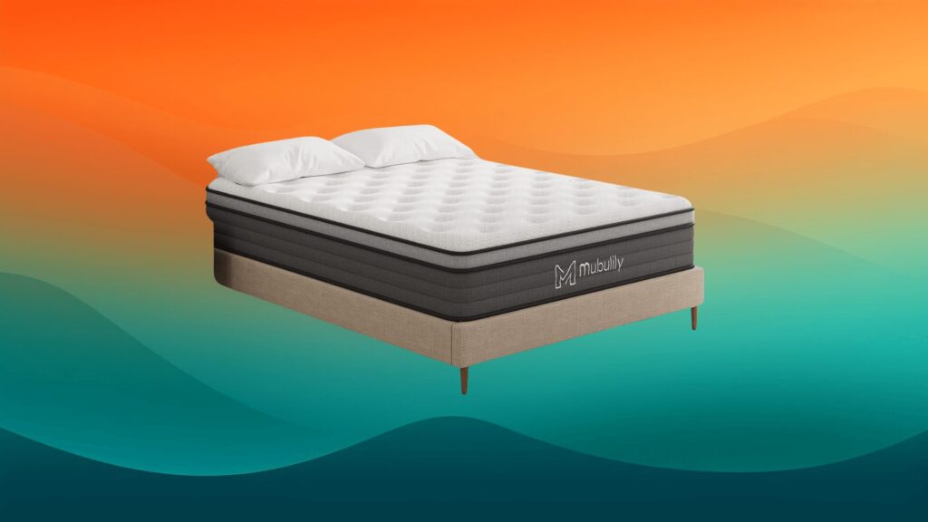 white and gray best affordable mattress on a tan bed frame in front of an orange and teal background
