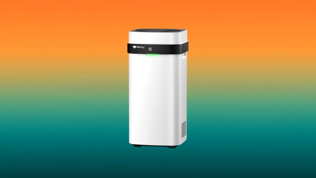 white and black Airdog medical-grade air purifier with an orange and teal gradient background
