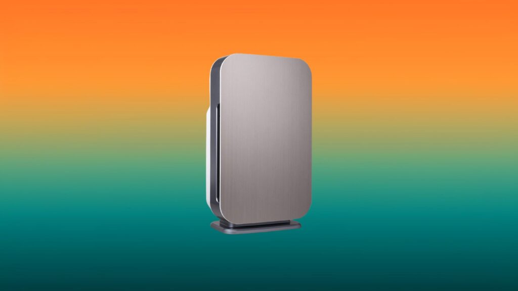 gray Alen BreatheSmart air purifier with an orange and teal gradient background