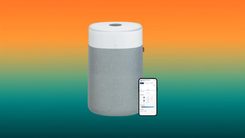 white and gray BLUEAIR large room air purifier with an orange and teal gradient background