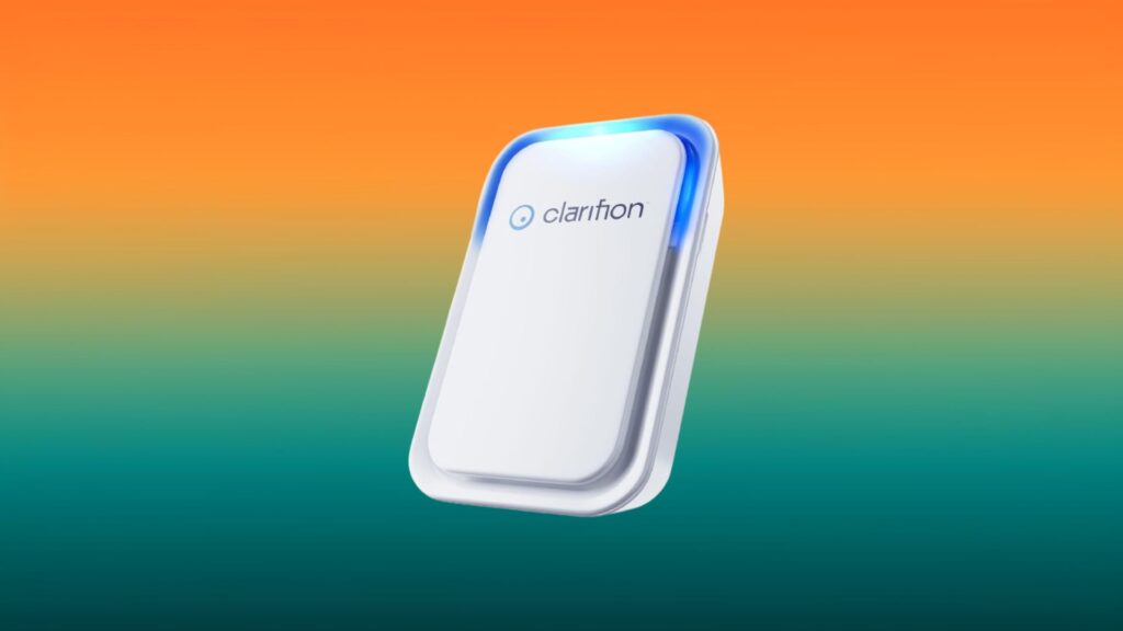 white and blue Clarifon Air Ionizer with an orange and teal gradient background
