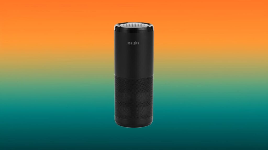 black Homedics air purifier with an orange and teal gradient background