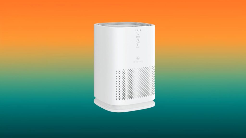 white Medify air purifier with an orange and teal gradient background