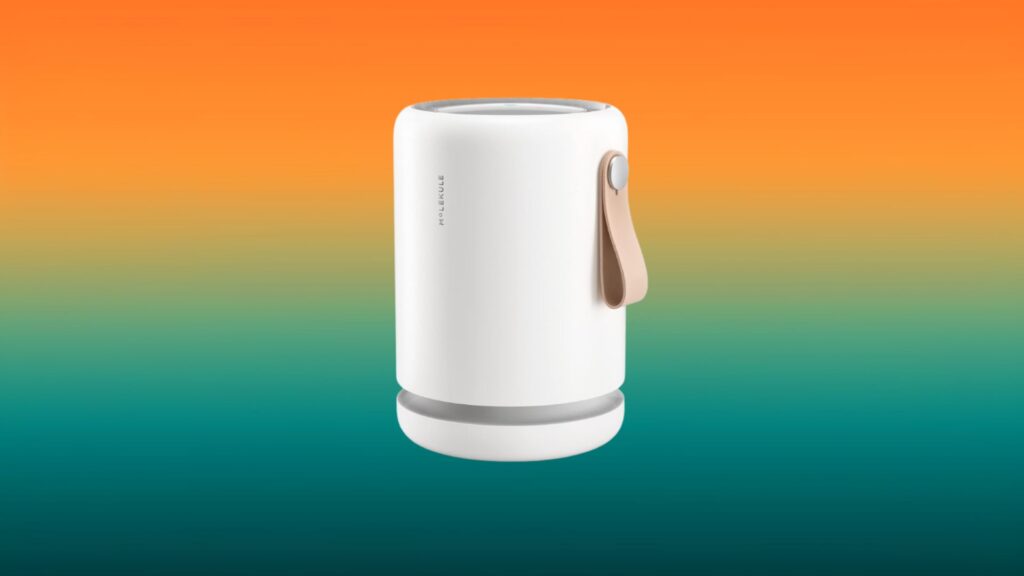 white Molekule Air mini air purifier with an orange and teal gradient background