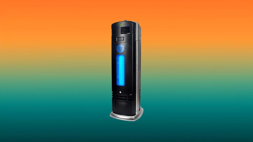 black and blue OION air purifier with an orange and teal gradient background
