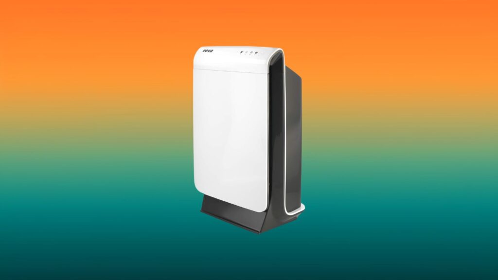 white and black VEVA air purifier with an orange and teal gradient background