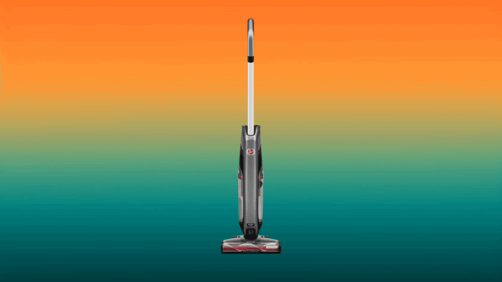 gray best apartment vacuum in front of an orange and teal gradient background