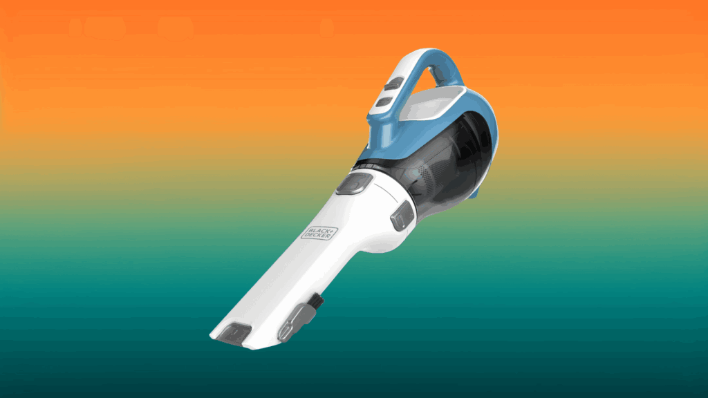 white and blue vacuum in front of an orange and teal gradient background