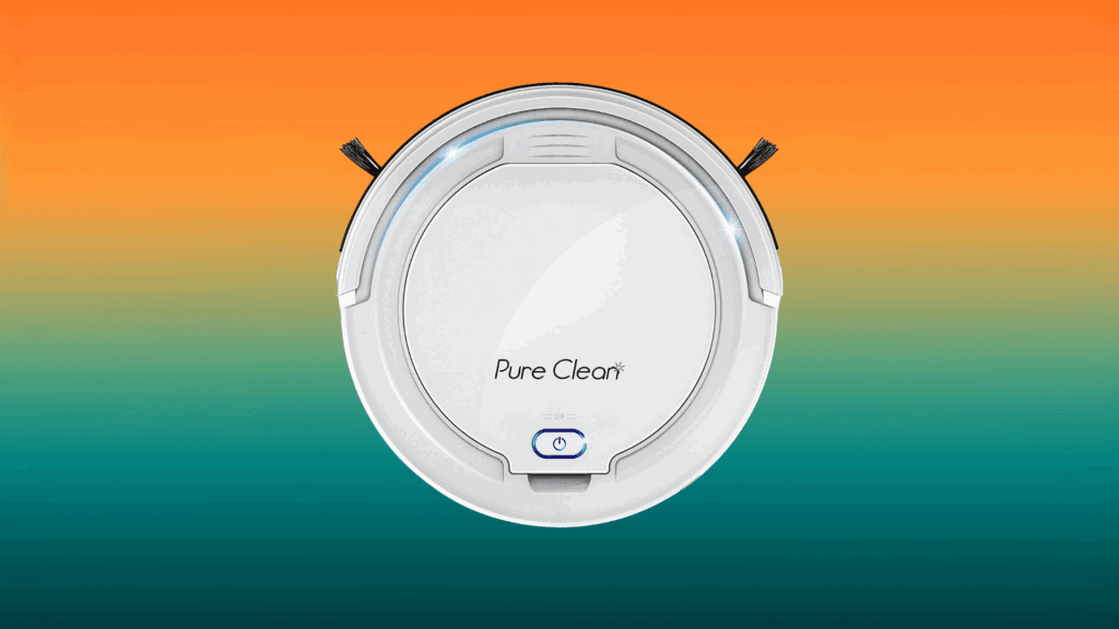 white robotic best apartment vacuum in front of an orange and teal gradient background
