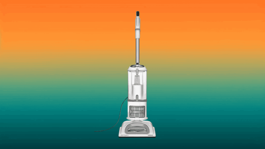 white and gray best apartment vacuum in front of an orange and teal gradient background