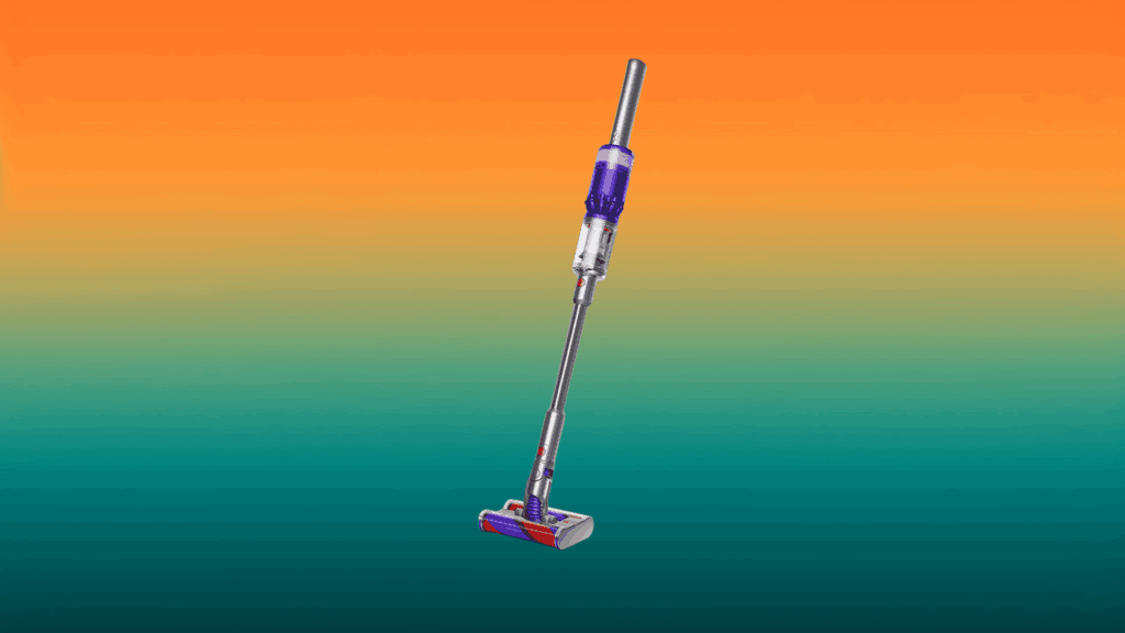 purple, gray, and red best apartment vacuum in front of an orange and teal gradient background