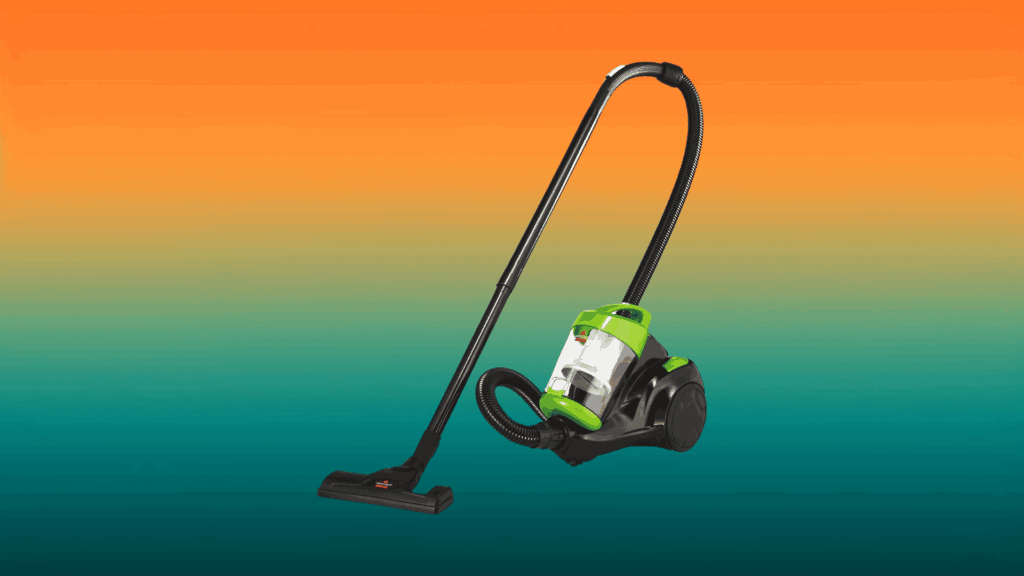 black and green vacuum in front of an orange and teal gradient background
