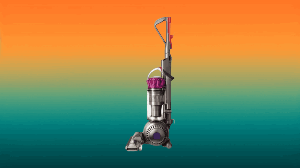 gray Dyson apartment vacuum in front of an orange and teal gradient background