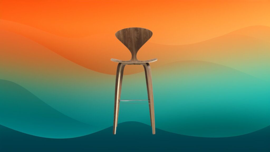 wooden mid-century best bar stools in front of orange and teal gradient background