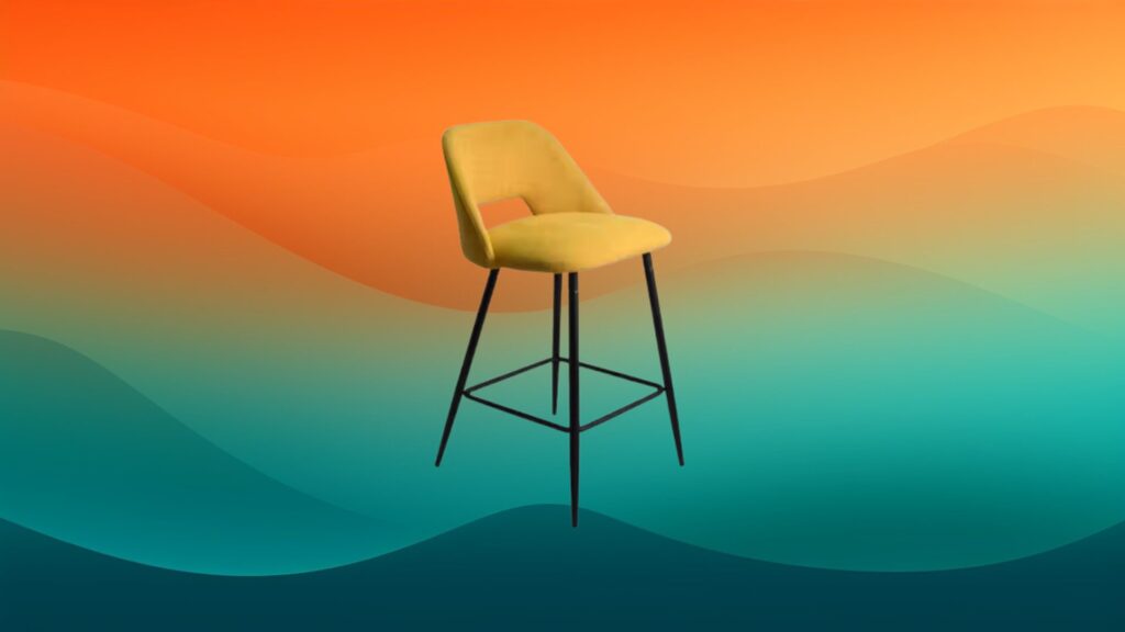 mustard upholstery best bar stools in front of orange and teal gradient background