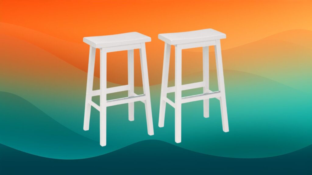 white wooden best bar stools in front of orange and teal gradient background