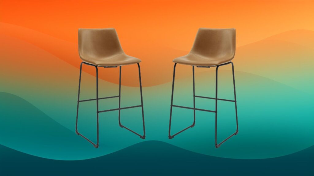 two faux leather best bar stools in front of orange and teal gradient background