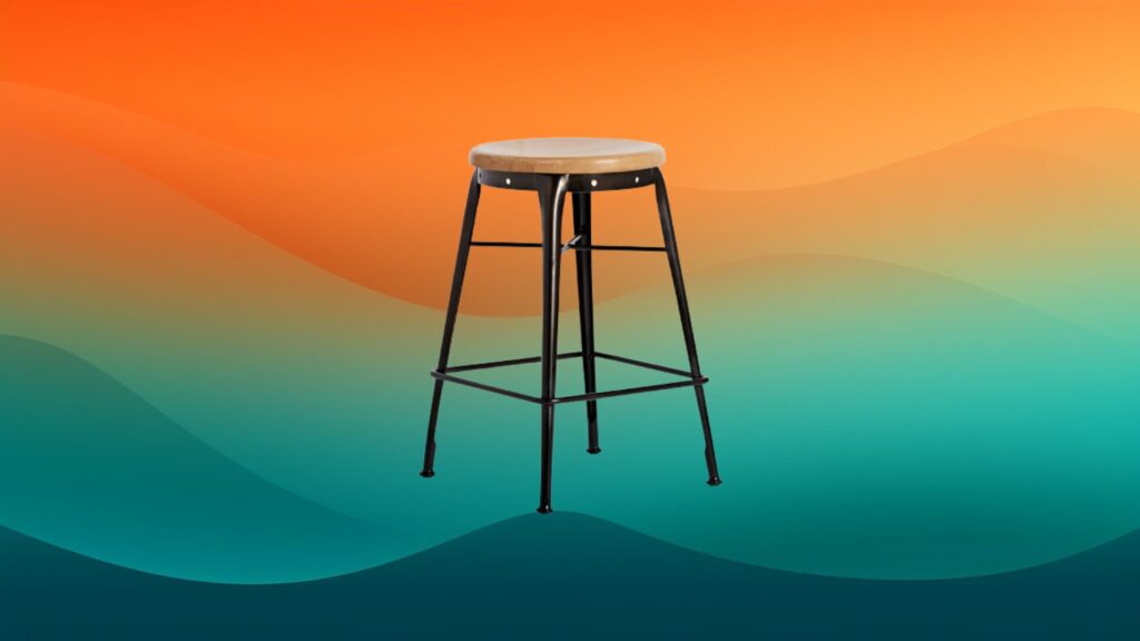 black and tan circular best bar stools in front of orange and teal gradient background