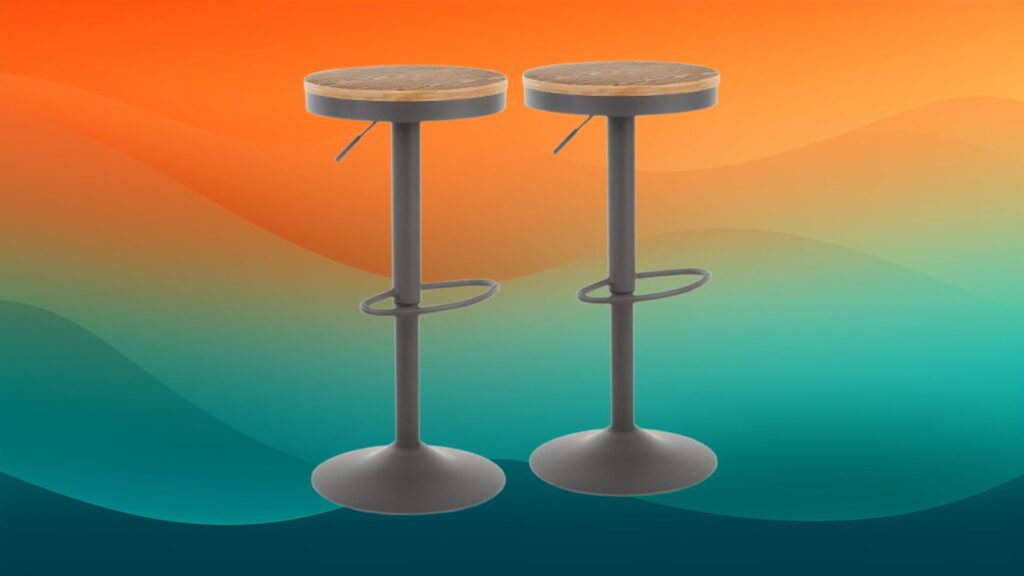 two wooden and black round best bar stools in front of orange and teal gradient background
