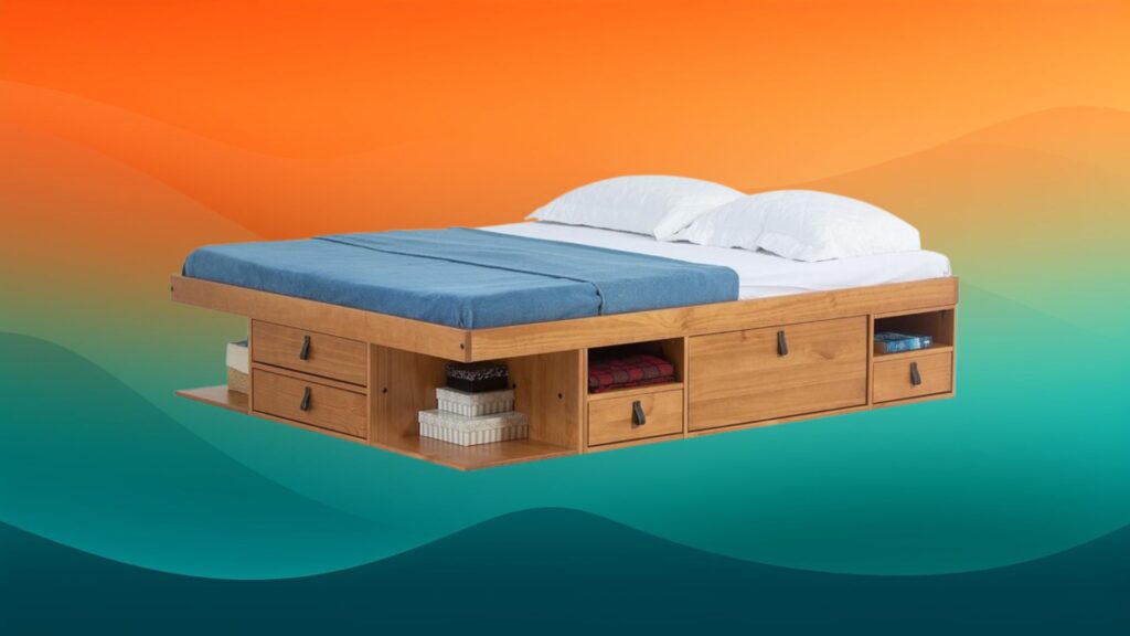 light wooden bed frame with drawers and storage in front of an orange and teal background