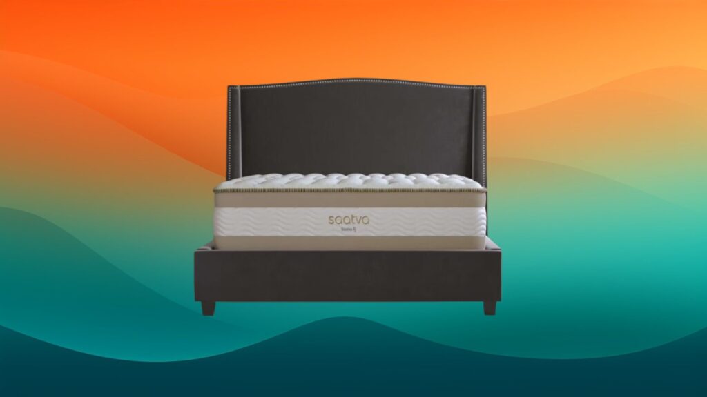 white and tan mattress on top of a gray bed frame with a tall gray headboard. orange and teal gradient background